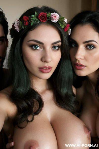 2 men and 1 woman fuck, perverse, beautiful, fucking, extremely hairy pussy, flower head wreath, group orgy, fucking, big nose, seductive, sexy pose, t-shirt, kissing, fucking, threesome, orgy, - ai-porn.ai on pornintellect.com