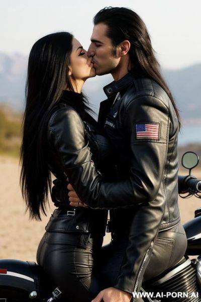 ((((latina)))) with ((((gigantic tits)))) and ((long hair)), (no makeup) , ((tight black leather jacket)) ((((kissing a handsome muscular man)))) - ai-porn.ai on pornintellect.com