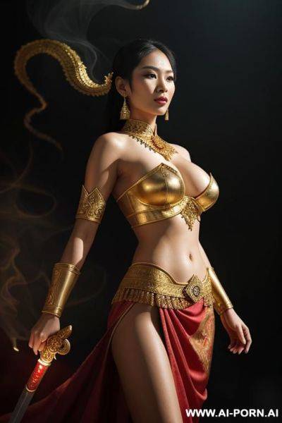 A powerful thai female rior in elegant traditional thai rior costume, gold and red silk with intricate embroidery, holding a curved sword (dha), standing confidently in a misty ancient battlefield, - ai-porn.ai - Thailand on pornintellect.com