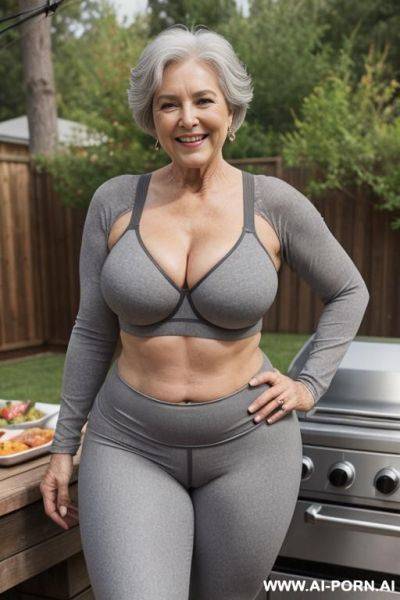 0-year-old grandmother, full body, standing, age marks clearly visible, gray hair, smiling, triangular hips, thick thighs, wearing gray leggings and bra, roasting meat in the backyard - ai-porn.ai on pornintellect.com