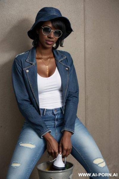 Wearing a bucket-hat, blazer, skin-tight jeans and sneakers.very wet and oil soaked clothes, oil soaked jeans. hole by jeans zipper. ripped clothes, torn clothes. naked overly wet and jeans soaked in overflowing oil - ai-porn.ai on pornintellect.com
