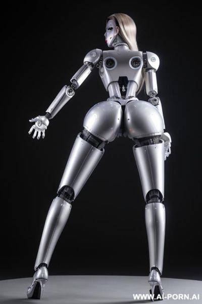 Sexbot, back view, full body view, standing upright, sticking out the ass, hands on spaceship control desk, looking at viewer, beautiful seductive human face with tanned silicone skin, long - ai-porn.ai on pornintellect.com