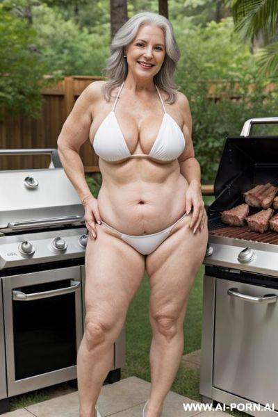 0-year-old white grandmother, full body, standing, age marks clearly visible, gray hair, smiling, triangular hips, thick thighs, wearing white bikini, grilling meat in the backyard - ai-porn.ai on pornintellect.com