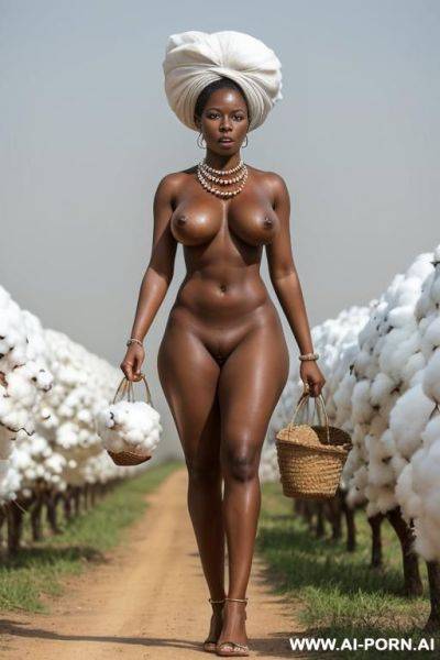 Full body shot. a black woman she is carrying a bag of cotton upon her head, she looks very tired she is all sweat, she looks down as she is so tired. she is walking tods the - ai-porn.ai on pornintellect.com