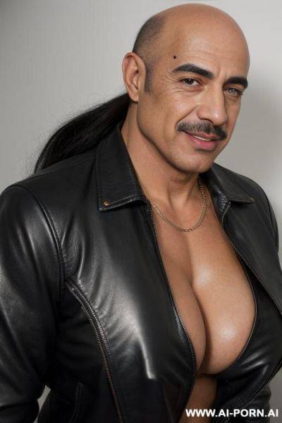 ((((latina)))) with ((((gigantic tits)))) and ((long hair)), (no makeup) , ((tight black leather jacket)) ((((kissing a handsome muscular older bald man)))) - ai-porn.ai on pornintellect.com
