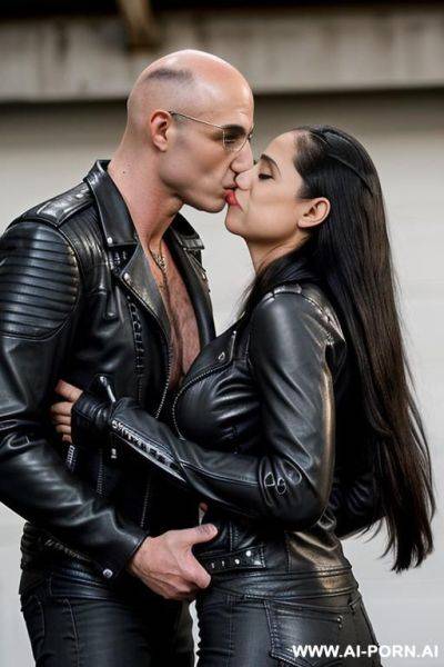 ((((latina)))) with ((((gigantic tits)))) and ((long hair)), (no makeup) , ((tight black leather jacket)) ((((kissing two handsome muscular bald men)))) - ai-porn.ai on pornintellect.com