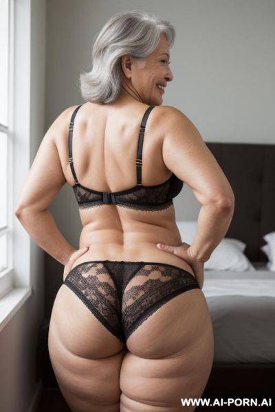 Back view, 0-year-old white grandmother, full body, crouched, age marks clearly visible, gray hair, smiling, triangular hips, thick thighs, wearing black lace panties and bra, double room - ai-porn.ai on pornintellect.com