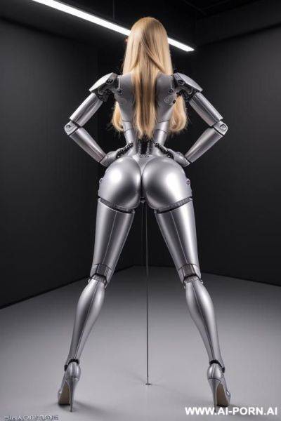 Sexbot, back view, full body view, standing upright, sticking out the ass, hands on spaceship control desk, looking at viewer, beautiful seductive human face with tanned silicone skin, long - ai-porn.ai on pornintellect.com