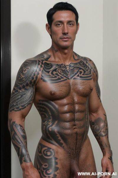 (((a very handsome older man))) (((big shaved cock))) (((short black hair))) (((muscular))) (((completely naked))) (((0 years old))) (((slightly tattooed))) - ai-porn.ai on pornintellect.com