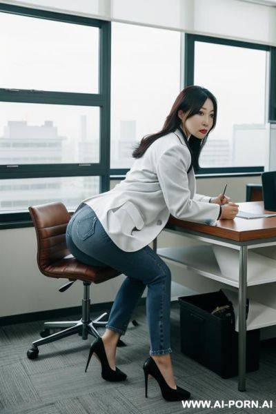 A korean female doctor, wearing a medical coat and jeans, bending over and squatting on a table in her office - ai-porn.ai - North Korea on pornintellect.com