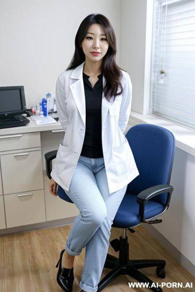 A korean female doctor in her clinic, leaning ford without sitting on a chair. she is supporting herself with her hands placed on her knees. she is wearing a white medical coat and blue jeans. - ai-porn.ai - North Korea on pornintellect.com