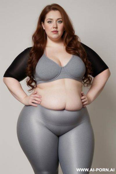 Chubby woman, half body shot close up, standing, triangular hips, thick thighs, (very obese with lovehandless and tummy), hands on hips, wearing gray leggings. dynamic angle, dynamic pose - ai-porn.ai on pornintellect.com
