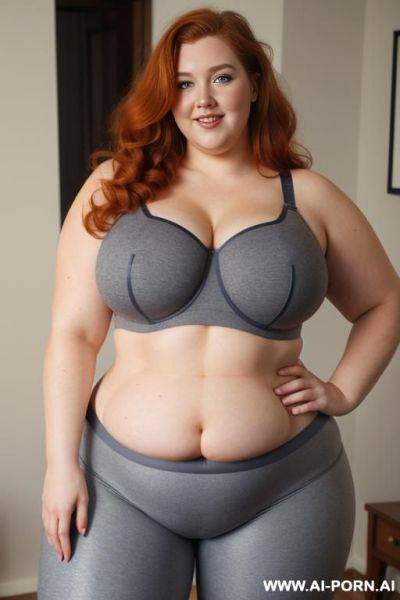 Chubby woman, half body, standing, triangular hips, thick thighs, hands on hips, wearing gray leggings and bra - ai-porn.ai on pornintellect.com