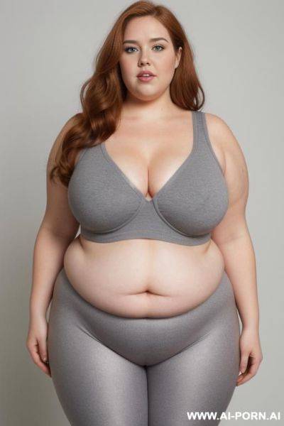 Chubby woman, half body shot close up, standing, triangular hips, thick thighs, (very obese with lovehandless and tummy), wearing gray leggings. (dynamic angle, dynamic pose). (( boobs)). - ai-porn.ai on pornintellect.com