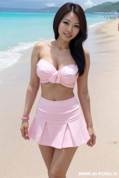 Pinay woman with big tits and thigh gap, wearing a pink and white short skirt and no top on the beach - ai-porn.ai on pornintellect.com