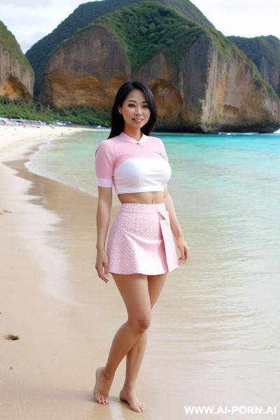 Pinay woman with big naked tits and thigh gap, wearing a pink and white short skirt on the beach - ai-porn.ai on pornintellect.com