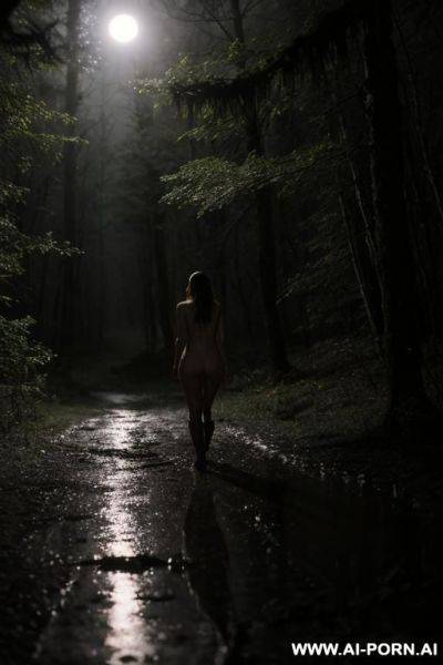 Fully nude woman, walking in the woods, hiking, head lamp, night, wet, muddy, fog, moonlight, from the front - ai-porn.ai on pornintellect.com