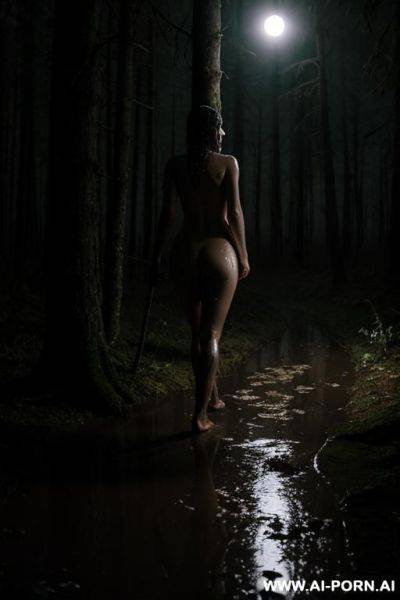 Fully nude woman, walking in the woods, head lamp, night, wet, muddy, fog, moonlight - ai-porn.ai on pornintellect.com