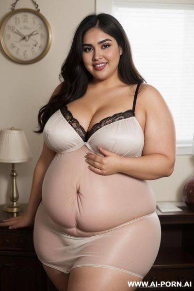 Very obese, rotund, latina fat woman, signaling with her hand to come here, hourglass shaped, winged eyeliner, y face, nightie, extra thicc, huge hips, huge legs, bbw, plump, she’s drinking a potion, belly is bloated - ai-porn.ai on pornintellect.com