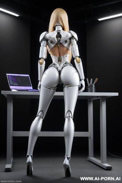 Sexbot, back view, full body view, standing upright, sticking out the ass, hands on spaceship control desk, looking at viewer, beautiful seductive human face with tanned silicone skin, long - ai-porn.ai on pornintellect.com