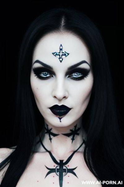 Goth, satanic, evil, heavy makeup, inverted crosses under eyes, inverted pentagram tattoo - ai-porn.ai on pornintellect.com