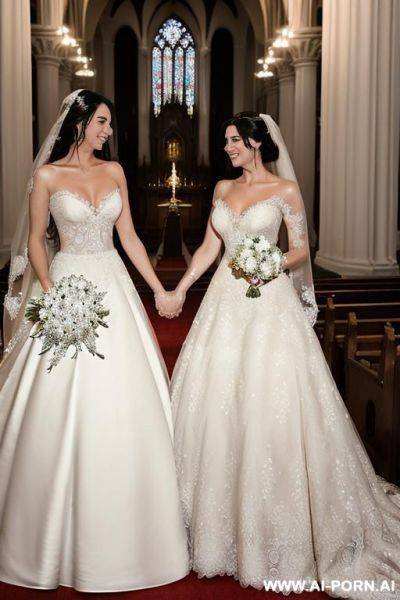 (((couple photo))) (((a bride named reg4ina with one hand on her waist and the other on the shoulder of her groom named do4uglas.))) (((she has extremely black hair, extremely straight, straight - ai-porn.ai on pornintellect.com