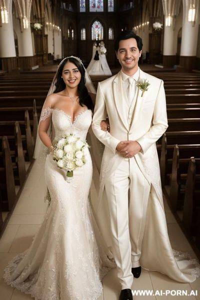 ((((ultra realistic portrait)))) (((couple photo))) (((a bride named reg4ina with one hand on her waist and the other on the shoulder of her groom named do4uglas.))) (((she has extremely black - ai-porn.ai on pornintellect.com