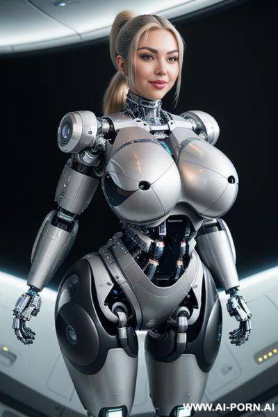 (((realistic look, super realistic))) ((spaceship)) ((front view)) (((beautiful cyborg woman))) (((sexy cyborg woman))) ((blonde)) ((long ponytail hairstyle)) (((perfectly beautiful face, sexy plump lips))) - ai-porn.ai on pornintellect.com