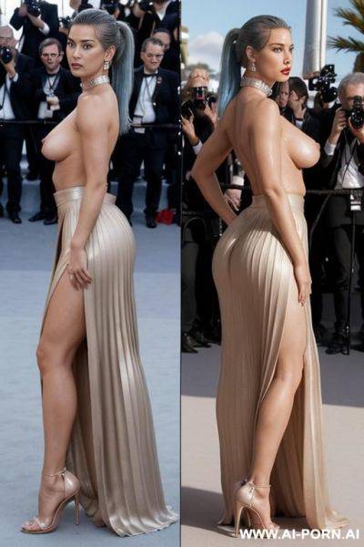 ((hyperrealistic)), ((nude woman wearing only long skirt)), ((naked saggy very oversized long boobs)), ((topless oiled)) ((low angle picture)) ((camera under legs looking up on her)) - ai-porn.ai on pornintellect.com