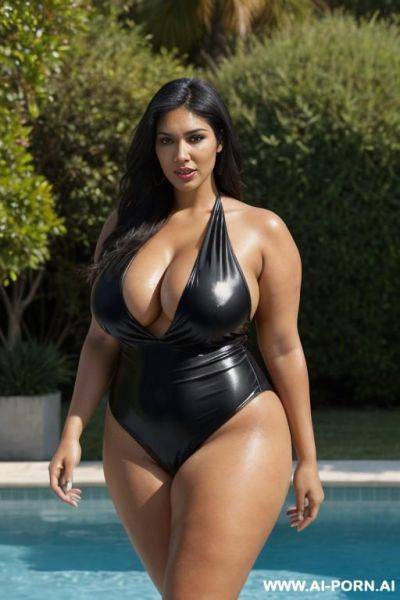 Perfect body, (firm round tits), (simple 1piece swimsuit), (detailed face), (walking in a suburban backyard) (realistic swimsuit), dark fluffy hair, (slender thighs), penis entering her mouth. (horny), - ai-porn.ai on pornintellect.com
