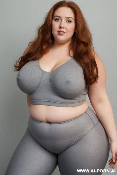 Chubby woman, half body shot close up, standing, triangular hips, thick thighs, (very obese with lovehandless and tummy), wearing gray leggings. (dynamic angle, dynamic pose). boobs. - ai-porn.ai on pornintellect.com