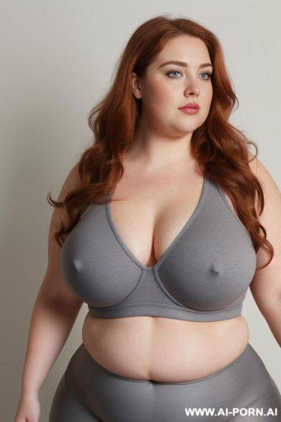 Chubby woman, half body shot close up, standing, triangular hips, thick thighs, (very obese with lovehandless and tummy), wearing gray leggings. (dynamic angle, dynamic pose). (( boobs)). - ai-porn.ai on pornintellect.com