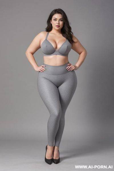 Chubby woman, full body, standing, triangular hips, thick thighs, hands on hips, wearing gray leggings and bra - ai-porn.ai on pornintellect.com