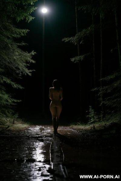 Fully nude woman, walking in the woods, head lamp, night, wet, muddy, fog, moonlight - ai-porn.ai on pornintellect.com
