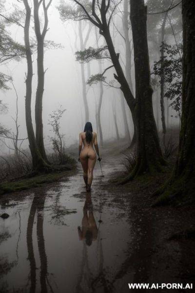 Fully nude woman, walking in the woods, hiking, pack, night, wet, muddy, fog, moonlight, view from the front - ai-porn.ai on pornintellect.com