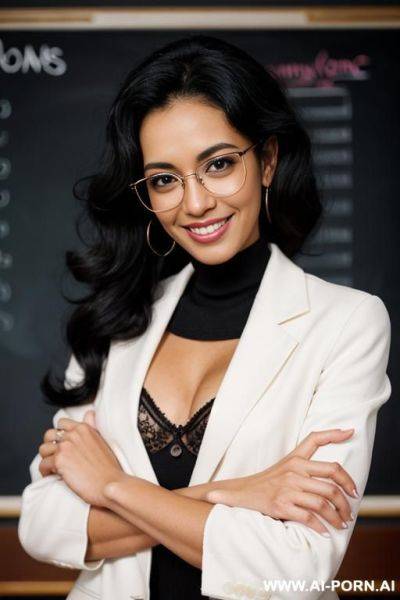 Beautiful sexy slender woman, black curly hair, tanned skin, brown eyes, open white coat, bare breasts, perfect boobs, (shaved pussy), glasses, smile, perfect teeth, - ai-porn.ai on pornintellect.com