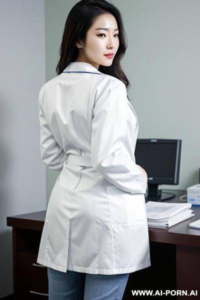 A korean female doctor wearing a white lab coat and jeans, leaning ford over a desk in a medical office, with her back facing the camera. - ai-porn.ai - North Korea on pornintellect.com