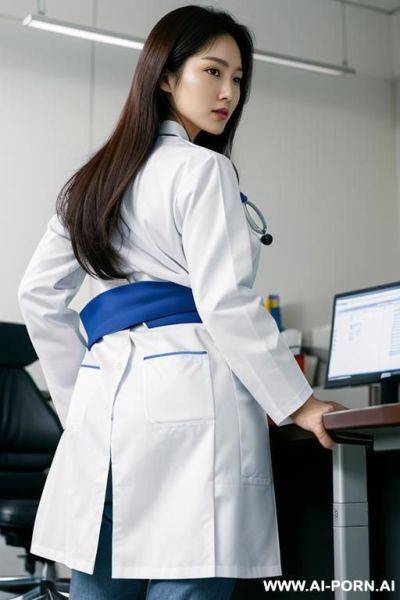 A korean female doctor wearing a waist-length white lab coat and jeans, fully bent ford at the waist over a desk in a medical office. both of her hands are resting on the desk, supporting her upper body. her back is facing the camera. - ai-porn.ai - North Korea on pornintellect.com