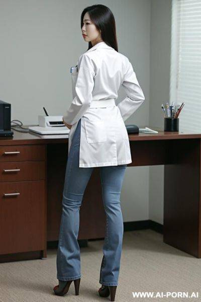A korean female doctor wearing a short white lab coat and jeans, standing and bent ford over a desk. - ai-porn.ai - North Korea on pornintellect.com