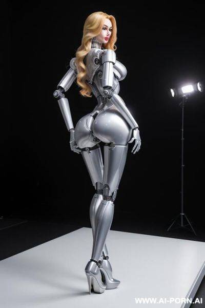 Sexbot, back view, full body view, standing upright, sticking out the ass, hands on spaceship control desk, looking at viewer, beautiful seductive human face with tanned silicone skin, long - ai-porn.ai on pornintellect.com