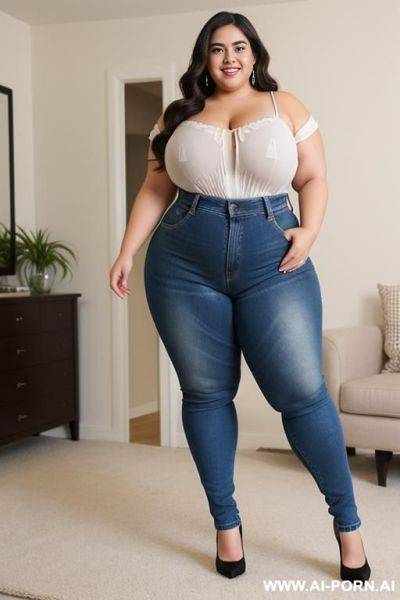 Very obese, rotund, latina fat woman, hourglass shaped, winged eyeliner, y face, high rise jeans, extra thicc, huge hips, huge legs, bbw, plump, vacuuming - ai-porn.ai on pornintellect.com