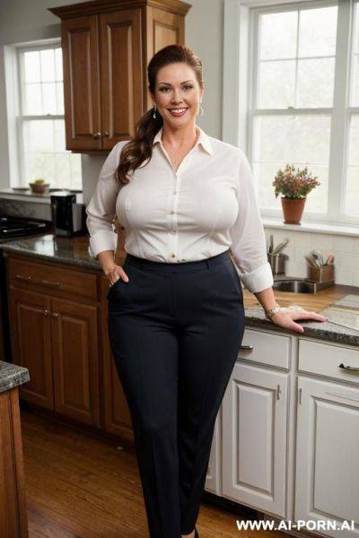 A gorgeous milf (clothed), (stylish outfit), perfect body, image frame from head to knee, (flirtatious look on her face) (detailed face), firm round tits, (typical outfit), (viewed from head to thighs), (realistic shirt) (realistic pants) - ai-porn.ai on pornintellect.com