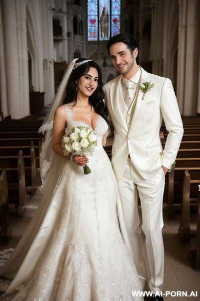 (((couple photo))) (((a bride named reg4ina with one hand on her waist and the other on the shoulder of her groom named do4uglas.))) (((she has extremely black hair, extremely straight, straight - ai-porn.ai on pornintellect.com