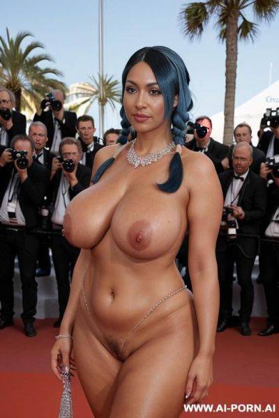 A gorgeous milf (totally naked), walking on the red carpet showing her perfect nude oiled body, narrow waist, image frame from head to knee, (flirtatious look on her face) (detailed face), - ai-porn.ai on pornintellect.com