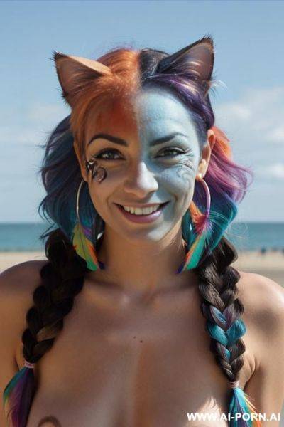 Face, ((sexy)), big beautiful smile, ((face painting)), ((eyes shw)), ((rainbow hair)), ((wind)), (( cat face)), (( cat ears)), ((feather earrings)), neckless, full view, standing, sensual, ((topless)) - ai-porn.ai on pornintellect.com