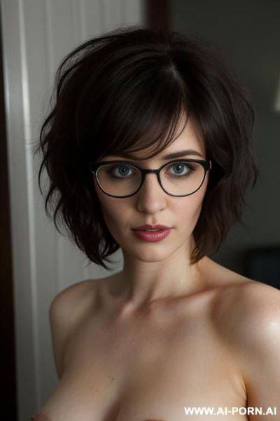 , nerdy, big round glasses, nerdy, round face, short, medium length hair, extremely messy hair, fluffy hair, embarrassed, blushing, panic on her face , , dark room, messy, caught masterbating - ai-porn.ai on pornintellect.com