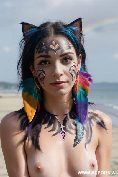 Face, ((sexy)), beautiful, ((face painting)), ((eyes shw)), ((rainbow hair)), ((wind)), (( cat face)), (( cat ears)), (((feather earrings)), neckless, full view, wide angle view, sensual, ((topless)) - ai-porn.ai on pornintellect.com