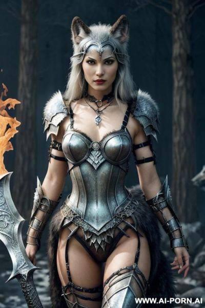 ((((fantasy, monster, fenrir, wolfs, goddess of fantasy creatures, surrounded by monsters)))), ultra realistic hot woman, ((holding sword)), (strong dark eyelines), ultra detailed, best quality, finely - ai-porn.ai on pornintellect.com