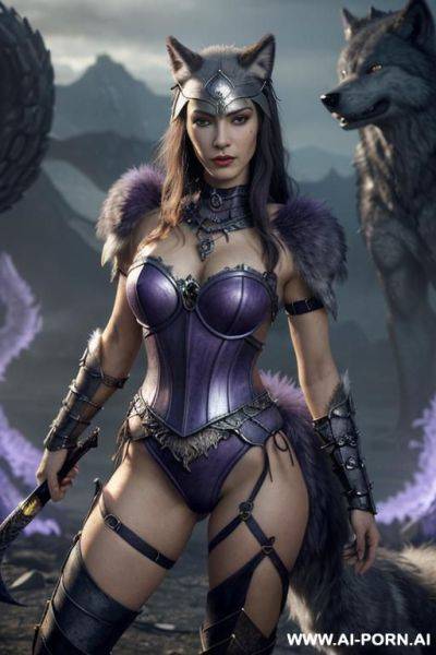 ((((fantasy, monster, fenrir, wolfs, goddess of fantasy creatures, surrounded by monsters)))), ultra realistic hot busty woman brunette, ((holding sword)), (strong dark eyelines), ultra detailed, best - ai-porn.ai on pornintellect.com