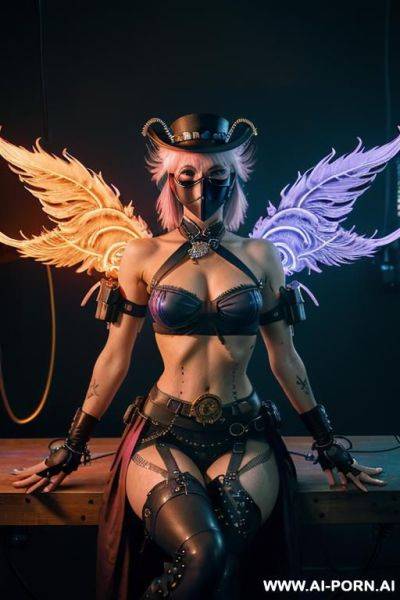 ((((masterpiece)))), (((woman sitting))), (glowing red eyes), (long blue purple and white hair with a flower), ((crop top white collar shirt with red tie)), ((((flaming angel wing)))), ((navy formal - ai-porn.ai on pornintellect.com
